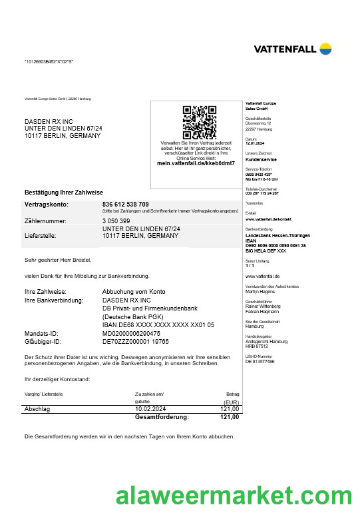 Germany VATTENFALL business utility bill template in Word and PDF formats